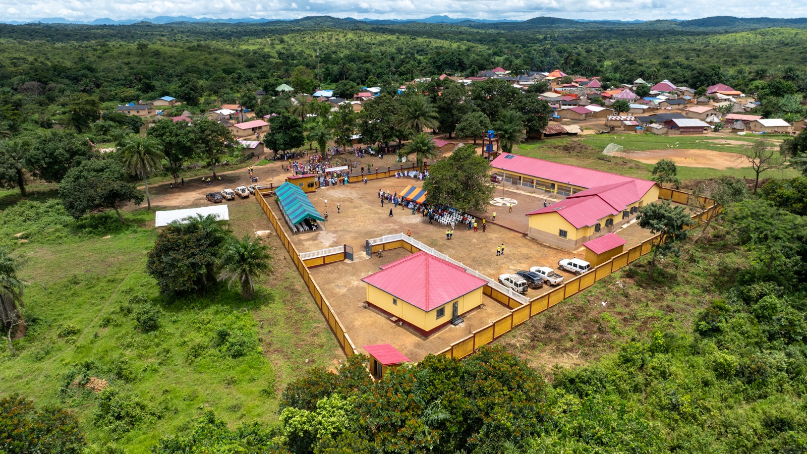 Aerial view of one of the newly built school compounds in the Beyla region